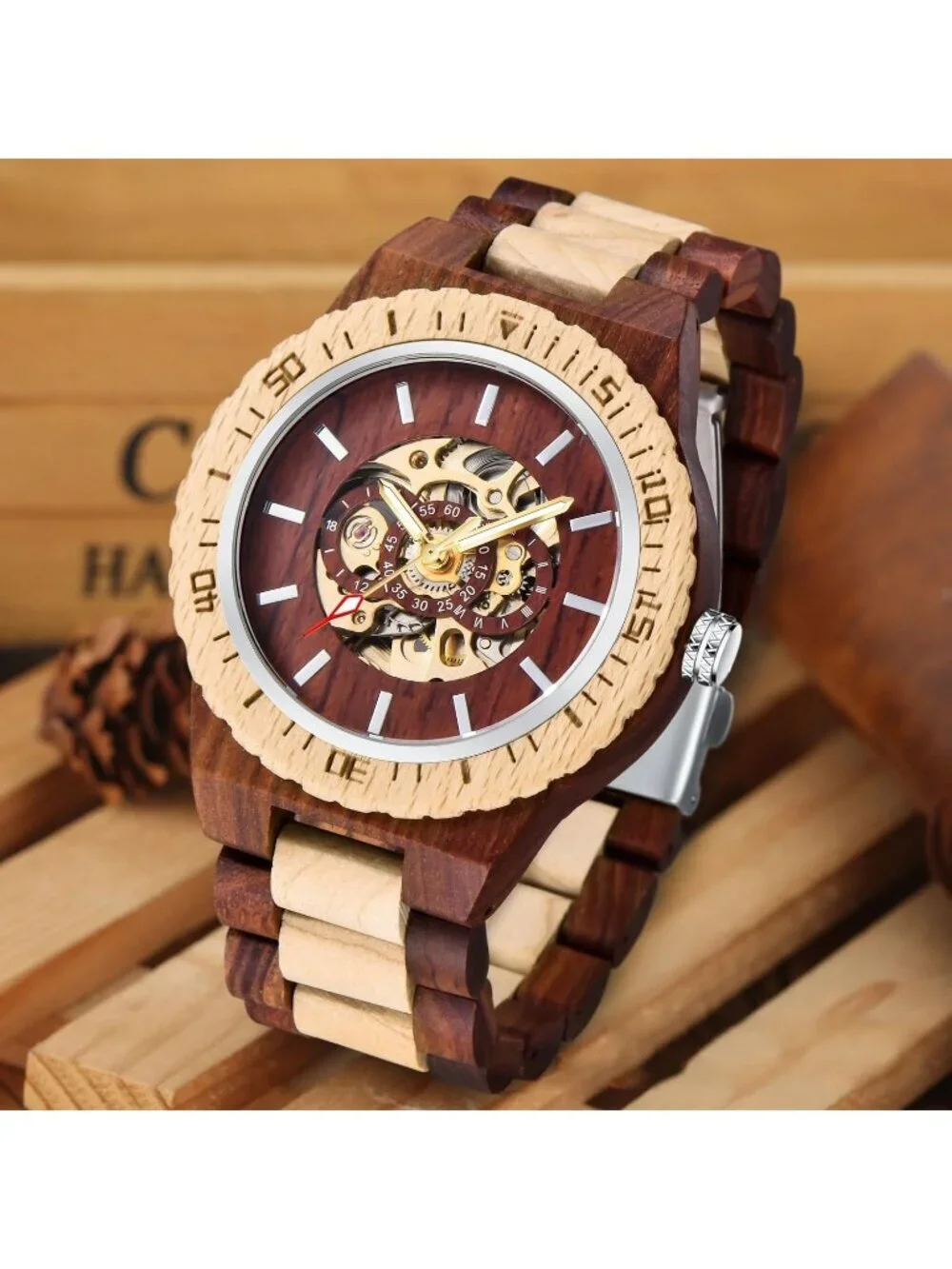 Men's Red And Beige Analog No Battery Fashion Mechanical Movement Wooden Watch